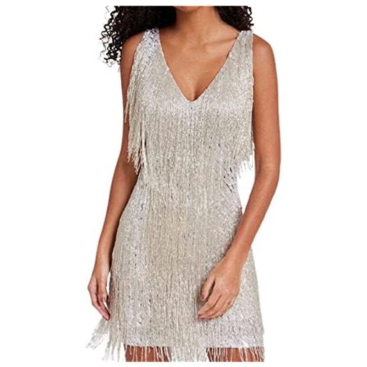 LLECDASEUI abito da donna con frange lucide degli anni '20 ruggente flapper gatsby ballo latino abito sexy aderente con paillettes scintillanti (argento, m)