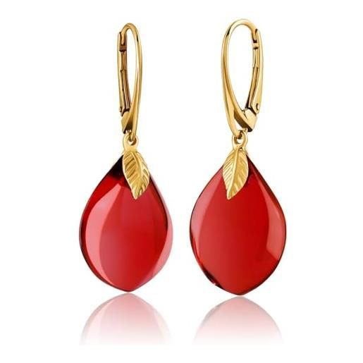 Orecchini A Goccia In Ambra Blu Naturale E Argento Placcato Oro AG925 - Gioielli Artigianali Leggeri, Lunghezza 43mm, Eleganza Femminile