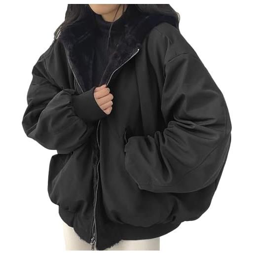 Générique cappotto da donna invernale in lana con zip e giacca in peluche con cerniera spessa giacca con tasche morbide a vento a mezza stagione leggera cappotti esterni a maniche lunghe s-xxl, nero