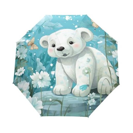 LINNIKEEEE orso polare colorato di arte per bambini automatico antivento ombrello pieghevole con auto apri chiudi portatile ombrelli per viaggi spiaggia donne bambini