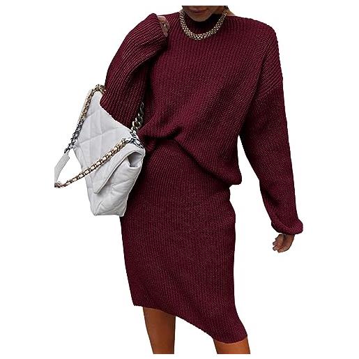 ORANDESIGNE donna gonne 2 pezzi outfits manica lunga pullover in maglia gonna midi bodycon con spacco autunno inverno set di abiti in maglione a vino rosso xxl