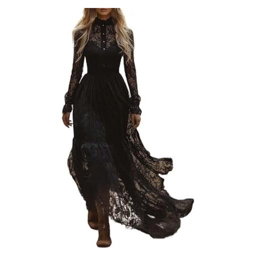 Generic 2025 vestito medievale donna pizzo- abito lungo vintage manica lunga chic elegante slim fit fluido stile casual pastorale tinta unita leggero temperamento dress per spiaggia cocktail, nero , m