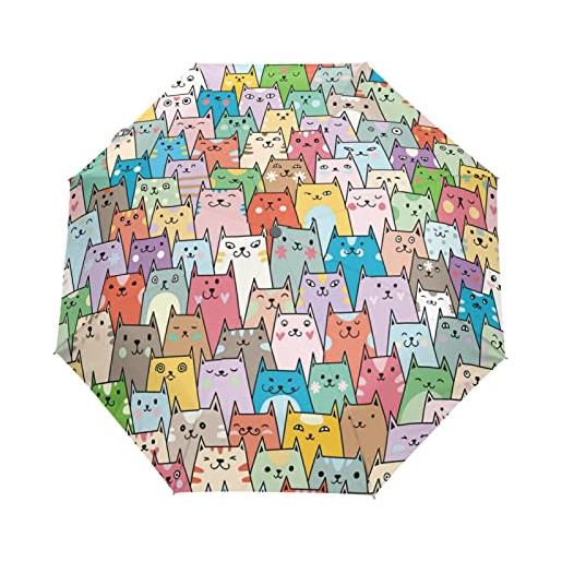 TropicalLife ombrello divertente gatto colorato animale antivento 3 pieghe ombrello auto open close per le donne uomini ragazze ragazzi unisex ultralight outdoor viaggio ombrello compatto