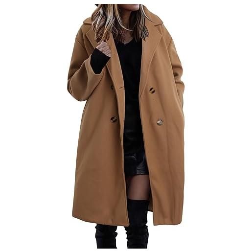 Generisch cappotto invernale da donna, con scollo a v, trench, lungo, caldo, in lana, autunno, inverno, da donna, dritto, doppio petto, elegante cappotto invernale con tasche, caffè, s