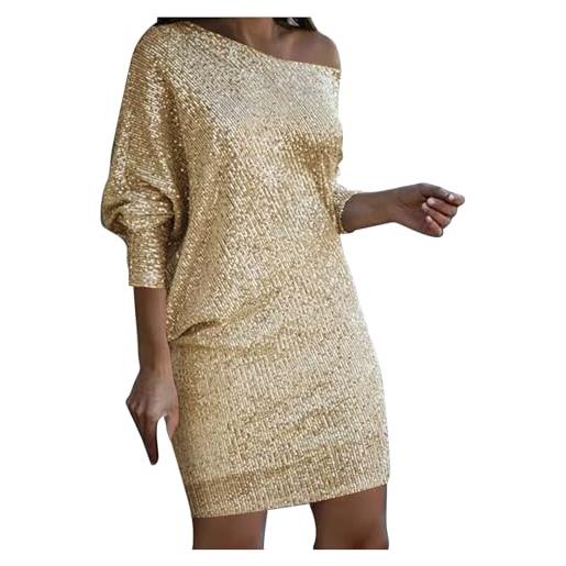Generisch abito con pailette, da donna, corto, con maniche, elegante, per matrimoni, feste, capodanno, abito da sera, gold, l