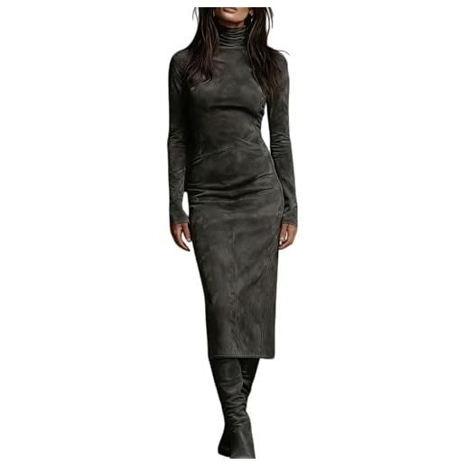 Generic abito da donna in camoscio a collo alto a maniche lunghe, aderente, stile vintage, per tempo libero, shopping, cachi, s