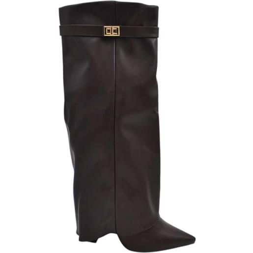 Malu Shoes stivali donna al ginocchio shark a punta in pelle marrone con risvolto gancio oro tacco largo 10 zip interna nascosta