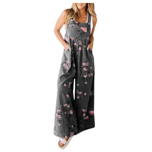 Generic tuta da donna in denim con tasca stampata, pantaloni casual con bretelle larghe, tutine larghe con cinturino regolabile, grigio, m