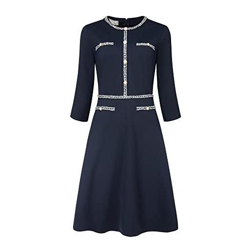 Hobemty abito da donna a trapezio, con maniche a 3/4, in tweed, elegante, blu navy, s