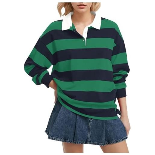 Meladyan polo a righe oversize da donna a maniche lunghe con scollo a v con risvolto polo con colletto 2025 abbigliamento moda autunno, rosso-blu. , s