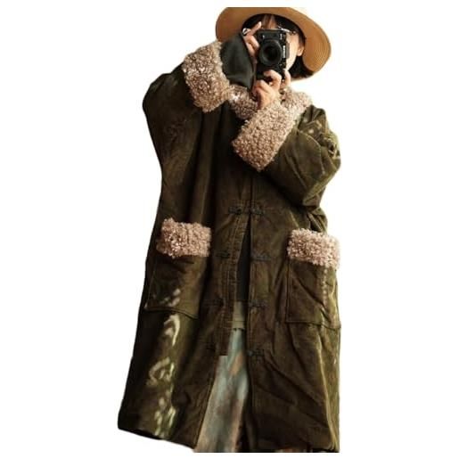 NFYM parka da donna caldo stampa floreale trapuntato giacca lunga in finto montone con finiture in lana di agnello giacca invernale in velluto a coste, verde, taglia unica