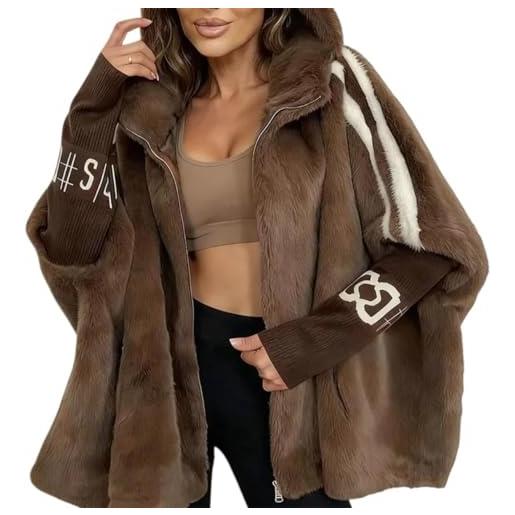 Juankrynord donna inverno moda stand collare sciolto-fit caldo casual con cappuccio cappotto in pile zip-up camoscio morbido tocco giacca in pile (marrone, xxl)