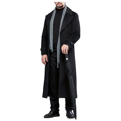Anybird trench lungo da uomo in misto lana, monopetto, con collo a tacca, stile business, con cintura, nero, 9xl