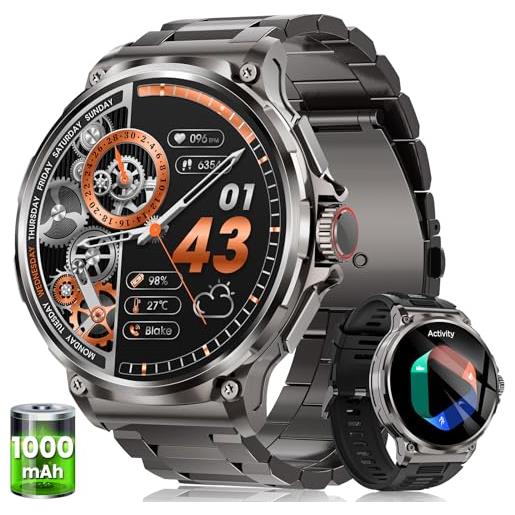 NAIXUES smartwatch uomo con 1000 m. Ah batteria, 1.92 amoled, 5atm impermeabile orologio smart watch militare con chiamate bluetooth, 120+ modalità sportive, 24h frequenza cardiaca/spo2/sonno, ios android nero