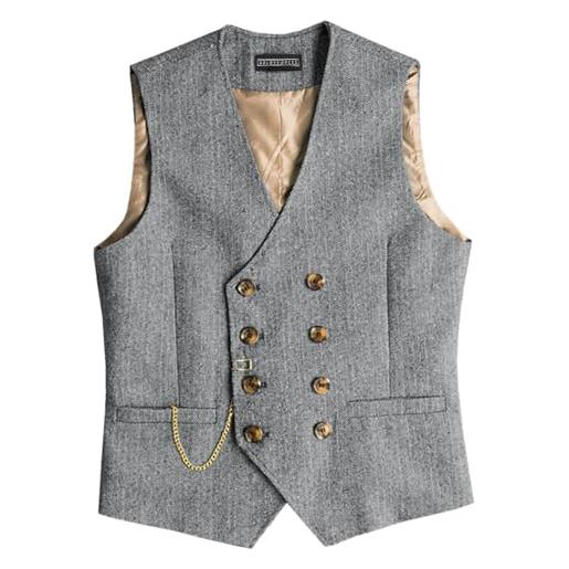 Solovedress gilet da uomo vintage in tweed, doppiopetto, per matrimonio, argento, xs