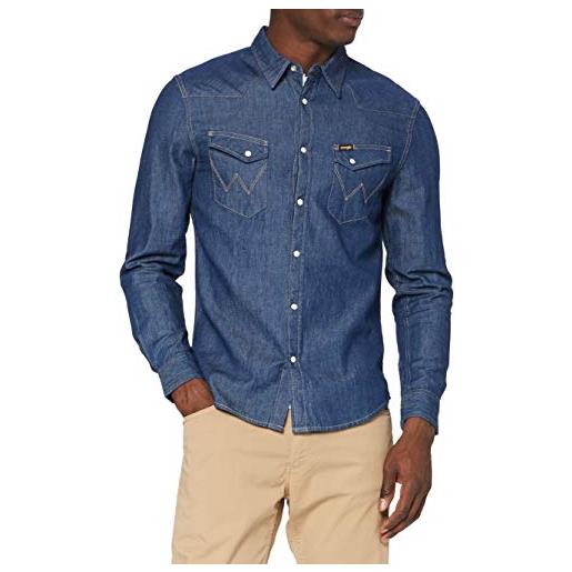 Camicia in denim da uomo Wrangler Indigo, taglia Large, manica lunga, bottoni automatici in perla - Italia