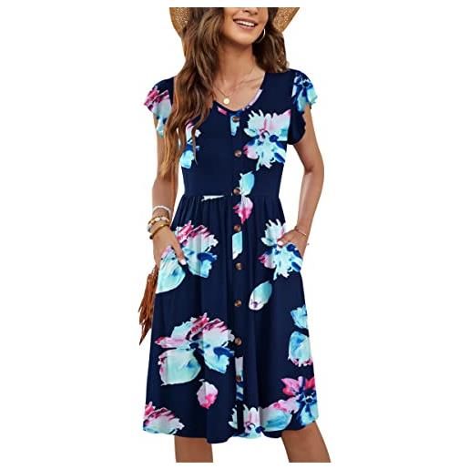 MOLERANI donne abiti estivi increspature manica a v collo casuale swing elastico vita midi abito con tasche floral navy pink m