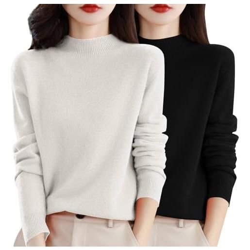 Generico maglieria donna maglione cotone donna maglia maglione girocollo morbido e confortevole in tinta unita da autunno e inverno 2 pezzi maglie sottogiacca lupetto black s