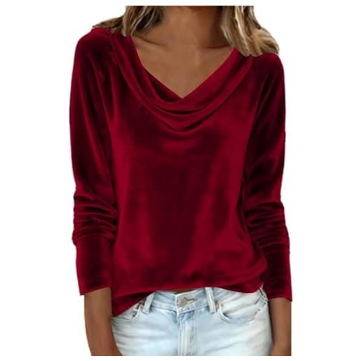 Generic top in velluto forrest donne elegante collo ad cappuccio plissettato camicetta elegante casual uscire puff manica lunga top abiti autunno, z02-rosso, m