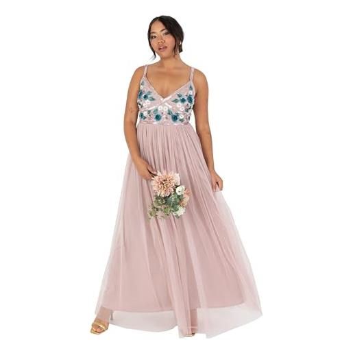 Maya Deluxe women's maxi dress ladies sleeveless plunge v-neck cami floral sequin embellished tulle a-line for occasion ball gown, vestito donna, frosted pink, 