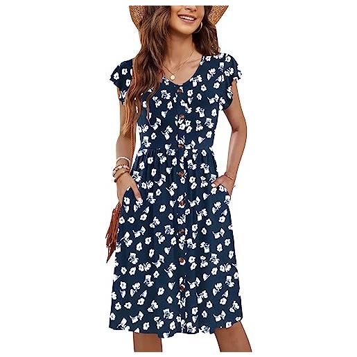 MOLERANI donne abiti estivi increspature manica a v collo casuale swing elastico vita midi abito con tasche floral navy s