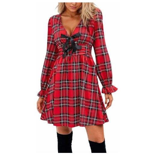 lozssnigzi vestito tartan donna, vestiti da sera eleganti vestito scozzese party casual abito scozzesi cerimonia corto abiti tartan maniche lunghe camicia lunga invernale
