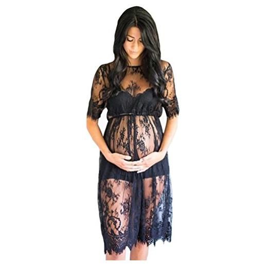 NiSeng donna pizzo ciglia gestante vestito fotografica manica corta abito gestante fotografia props nero l