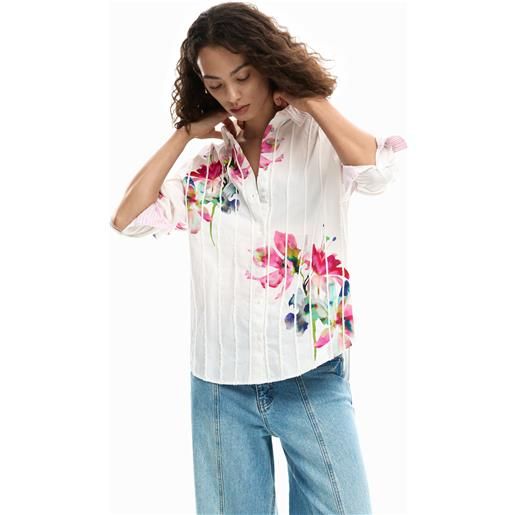 Desigual, camicia a maniche lunghe plissettata con fiori, donna, cotone, bianco, l