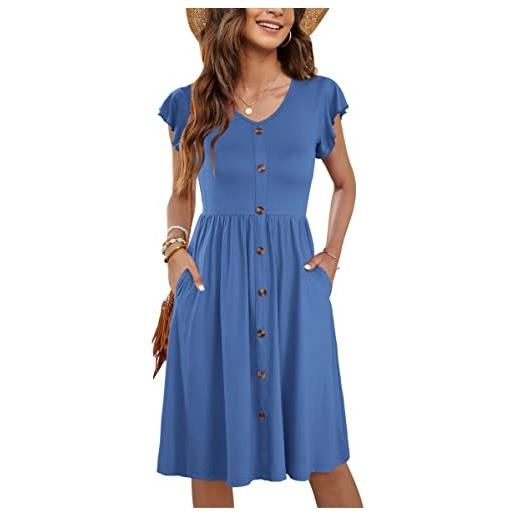 MOLERANI donne abiti estivi increspature manica a v collo casuale swing elastico vita midi abito con tasche blu beja m