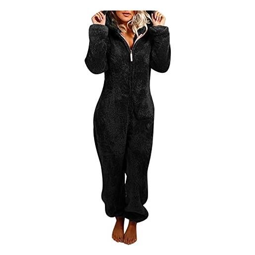 EMATOP tuta da donna, morbida, tuta intera e calda, in pile, per dormire, invernale, soffice, onesie, tinta unita, con cappuccio, 01-nero. , l