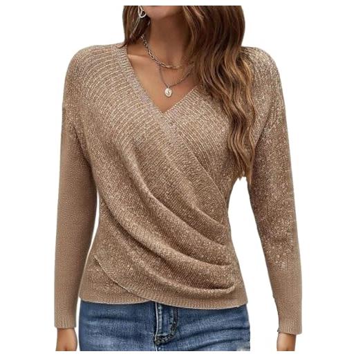 ZDOUXUAN maglione casual da donna in maglia, scollo a v, manica lunga, caldo pullover incrociato, top arricciati for primavera e autunno(khaki, s)