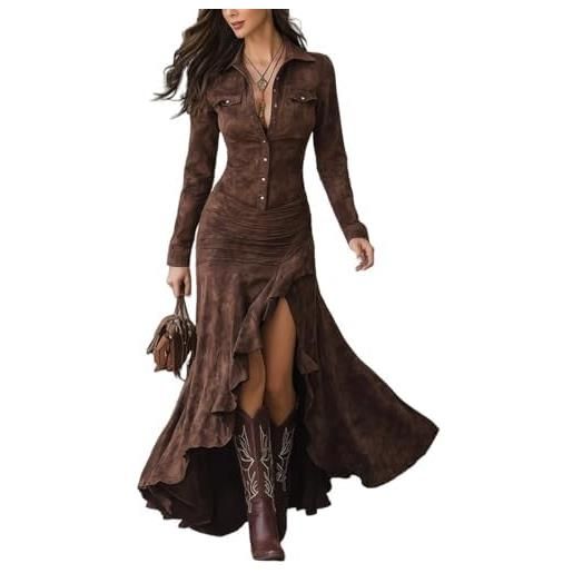 Generic abiti da donna vintage western, abito lungo in pelle scamosciata con scollo a v, abbottonatura e maniche lunghe, abito western in pelle scamosciata per donne, marrone scuro, xl