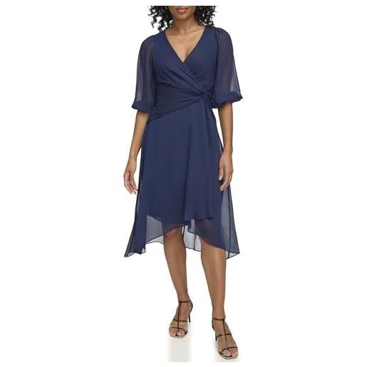 DKNY 3/4 balloon sleeve twist front chiffon midi dress vestito, blu notte, 50 donna