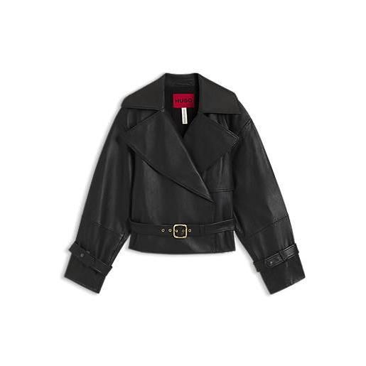 HUGO giubbotto relaxed fit in pelle con cintura, nero