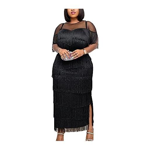 Nuoshang - abito lungo da donna in rete con scollo rotondo e nappe, con frange, colore: nero, nero , xxl