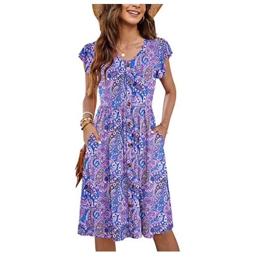MOLERANI donne abiti estivi increspature manica a v collo casuale swing elastico vita midi abito con tasche paisley floral purple l