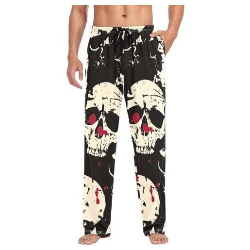 Generic pantaloni da pigiama da uomo, in morbido cotone, con tasche, teschi, colore nero, teschi grunge nero, l
