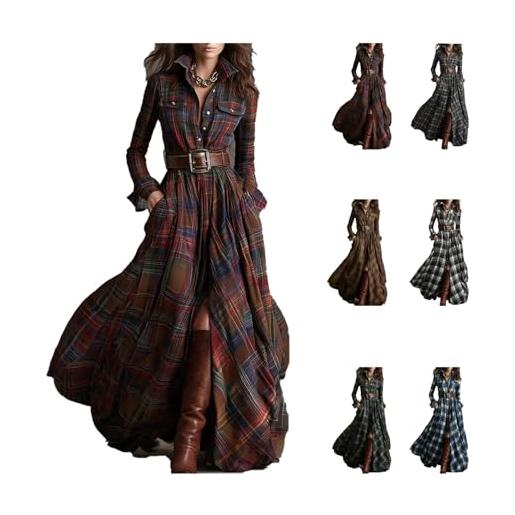Generic abito in camicia a quadri maxi da donna, a maniche lunghe, con bottoni sul davanti, a quadri, maxi abiti con scollo a v, con spacco, con tasche, stile retro occidentale da cowboy, stile vintage, gonna