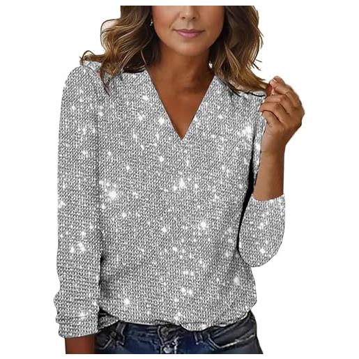 Generic top da donna elegante con paillettes con scollo a v, elegante tinta unita a maniche lunghe maglia manica corta caldo cotone