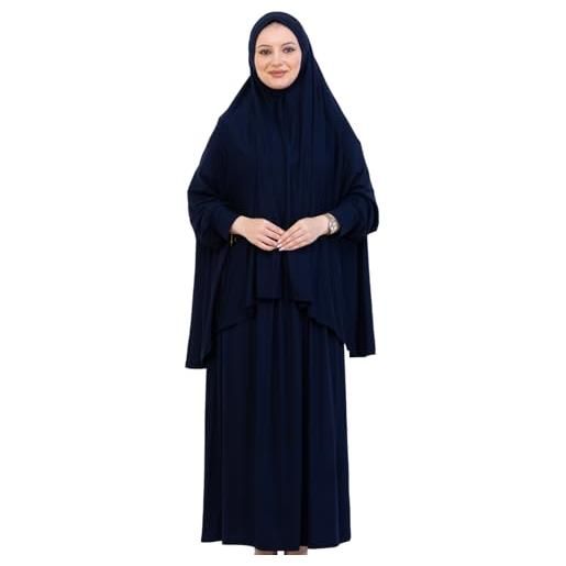 Prien morbido vestito da preghiera per le donne, set musulmano abaya hijab, abito lungo in cotone turco per preghiera, abiti islamici per il ramadan, blu navy, etichettalia unica