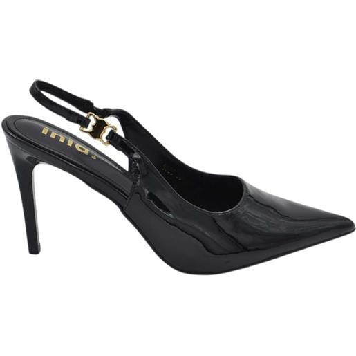 Malu Shoes decollete donna a punta slingback in vernice lucida nera con gancio oro tacco a spillo 12