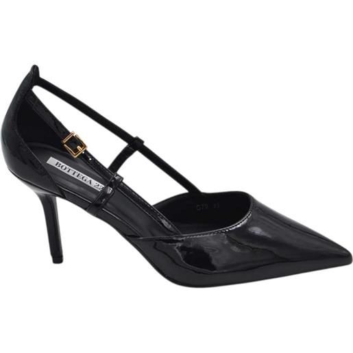 Malu Shoes decollete donna a punta in vernice nero con tacco a spillo 10 con aperture laterali e cinturino regolabile