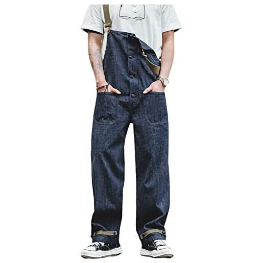 BELWAD salopette di jeans da uomo cinghie regolabili pagliaccetti tute dritta con lavaggio vintage, blu, l