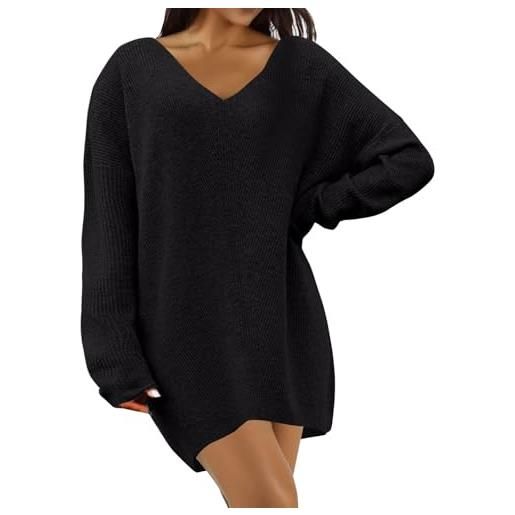Generisch abito a maglia con scollo a v, da donna, elegante, grande, oversize, a maniche lunghe, in tinta unita, a costine, mini abito corto e caldo, nero , xl