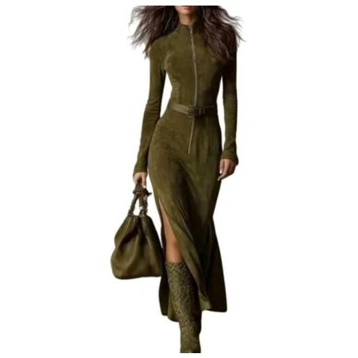 Generic maxi abito da donna vintage marrone con cerniera e cintura, in finta pelle scamosciata, maxi abito lungo con spacco laterale alto mezza zip elegante abito sottile, verde, m