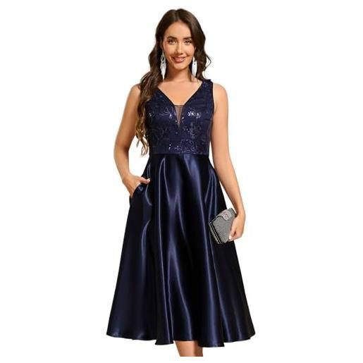 Ever-Pretty abiti cerimonia donna elegante senza maniche scollo a v vestito da sera midi raso con ricamo blu navy 48