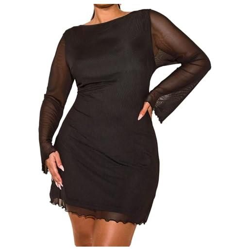 SweatyRocks abito da donna a maniche lunghe, curvy, con tessuto a rete, a maniche lunghe, grandi dimensioni, abito a matita, abito a rete, con orlo ondulato, nero , 4xl