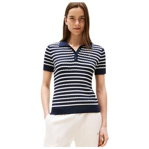 Tommy Hilfiger donna maglietta polo maniche corte cable sweater con chiusura a bottoni, multicolore (ivory silk/dark night navy stp), xl