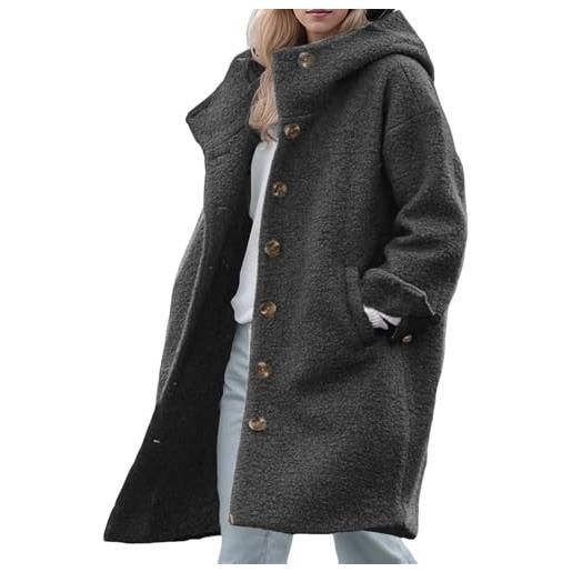 Generisch cappotto di lana da donna lungo con bottoni, cappotto invernale foderato in peluche, tinta unita, antivento, giacca termica alla moda, per il tempo libero, classico trench, blu, l