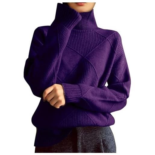Foweknow maglione a collo alto, da donna, con motivo a treccia, a collo alto, elegante, tinta unita, a maniche lunghe, per autunno e inverno, caldo, lavorato a maglia, viola scuro, xl